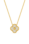 Gold necklace with a clover-shaped pendant on a white background