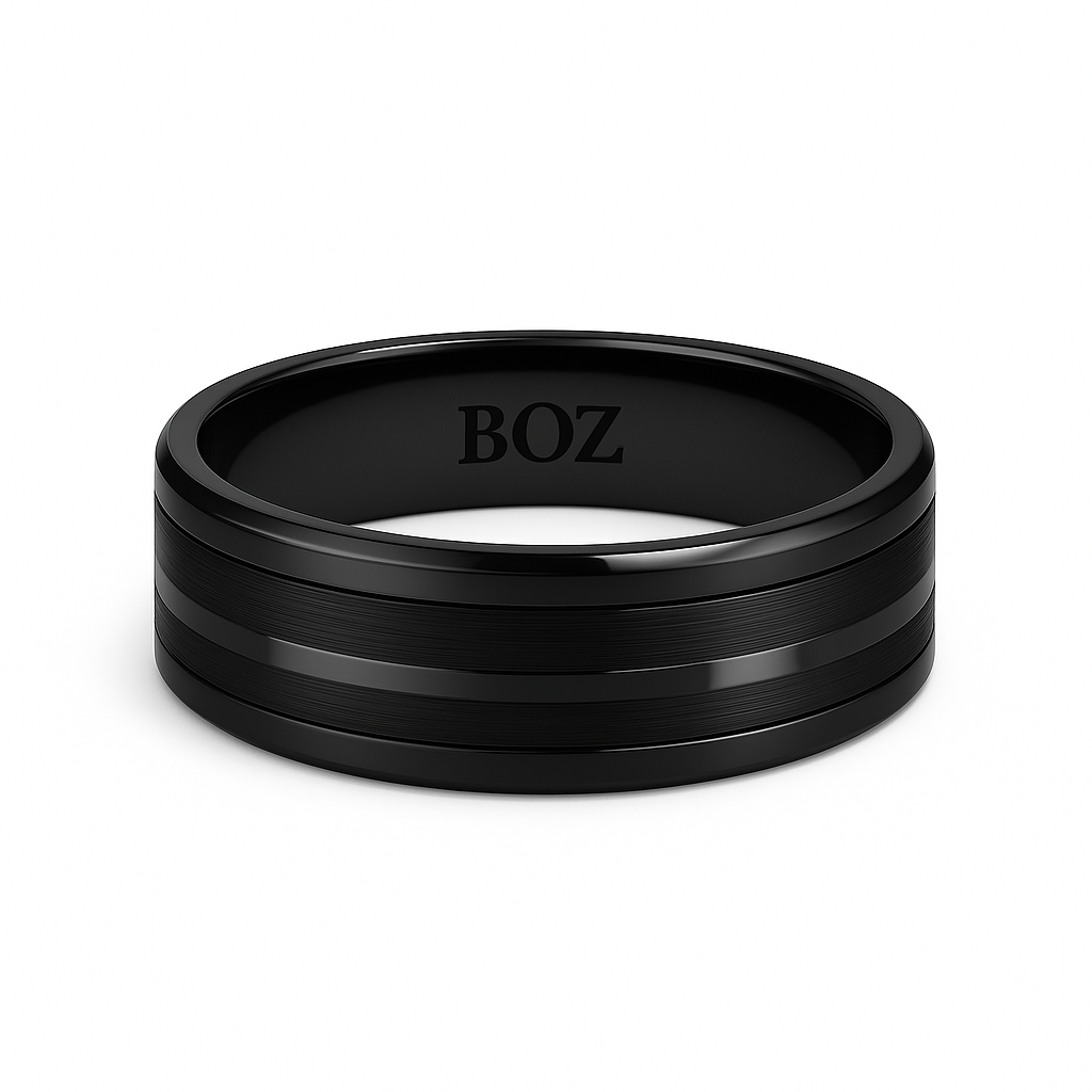 Black ring with 'BOZ' engraving on a white background