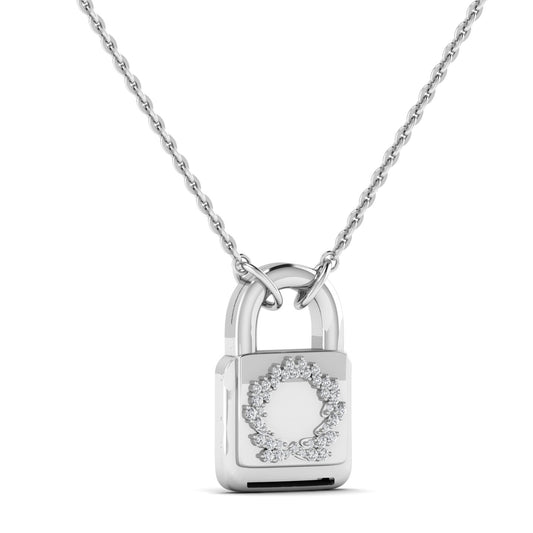 A sterling silver necklace with a moissanite padlock pendant on a chain.