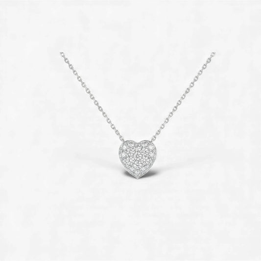 Heart-shaped diamond necklace on a white background