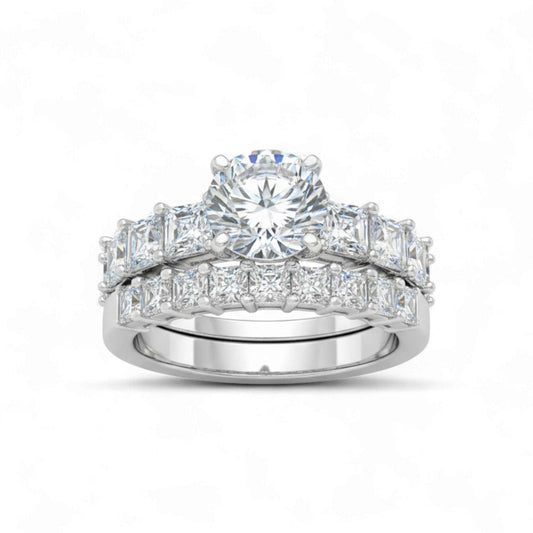 Moremi Round Cut CZ bridal set in 925 sterling silver with round-cut cubic zirconia and matching wedding band