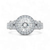Silver ring with a large diamond and smaller diamonds on the band against a white background