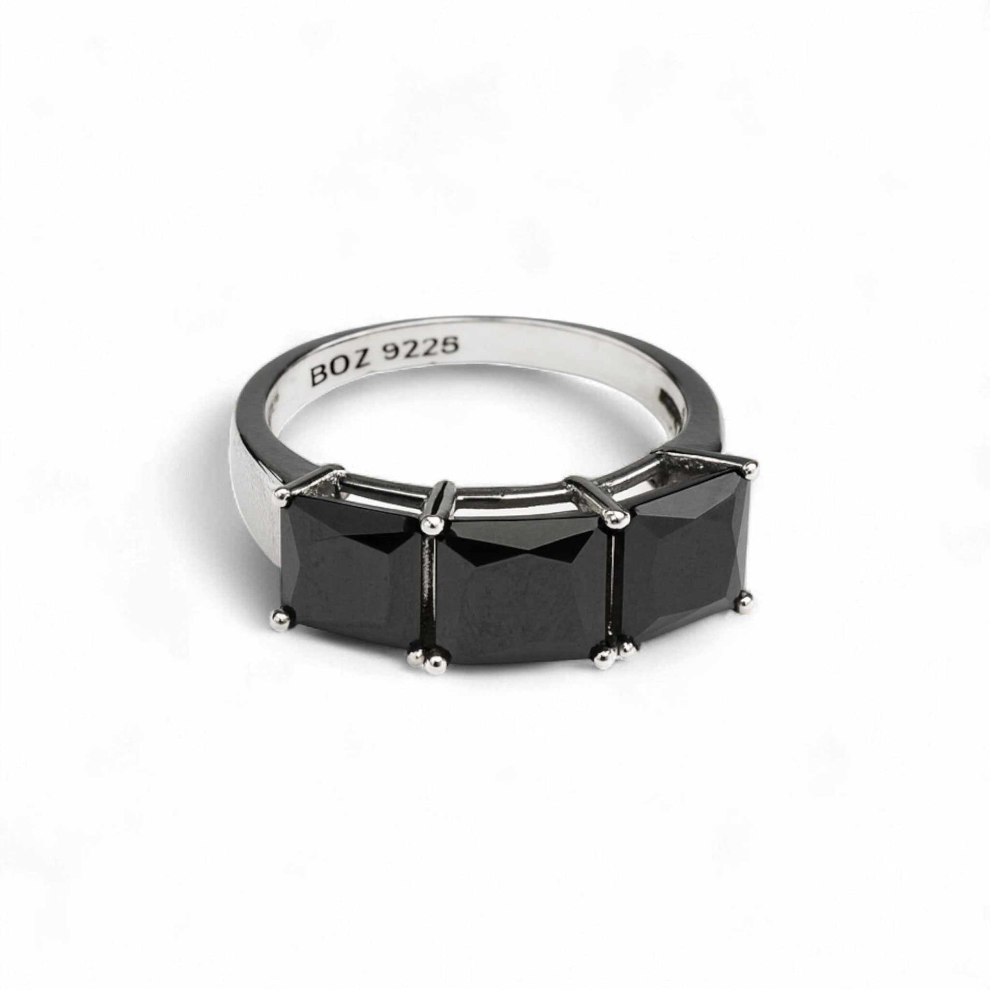 Nana Black CZ Engagement Ring with three black cubic zirconia stones in 925 sterling silver band