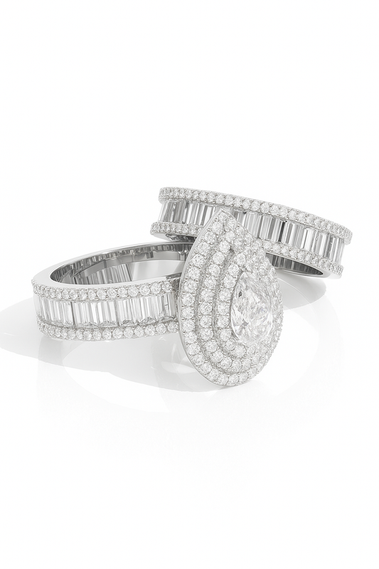Two diamond rings stacked on a white background