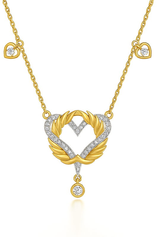 Gold and silver heart-shaped pendant necklace with diamonds on a white background