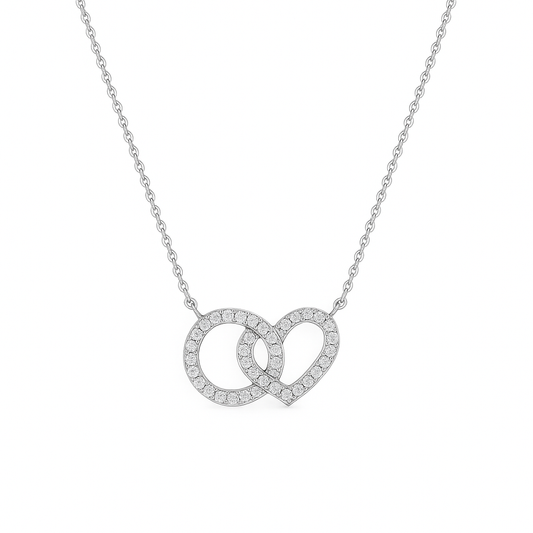 Necklace with interlocking heart pendants on a white background