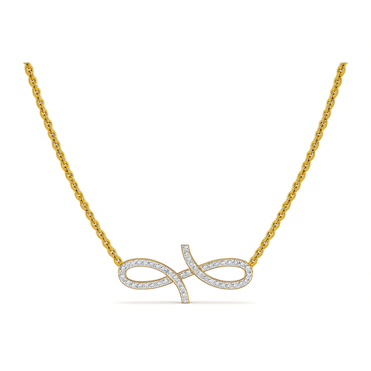 Gold necklace with a diamond-encrusted infinity pendant on a white background