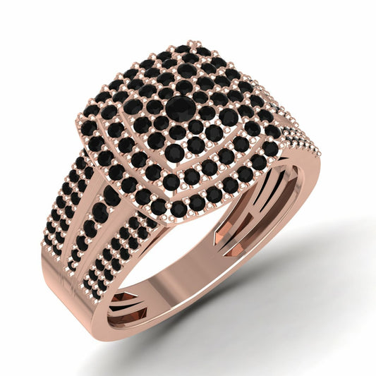 An 18 karat gold cushion cut cluster black diamond engagement ring with a textured band.