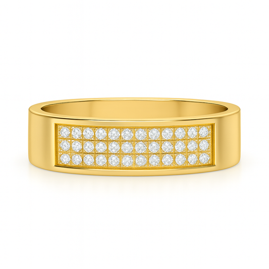 Gold ring with embedded diamonds on a white background