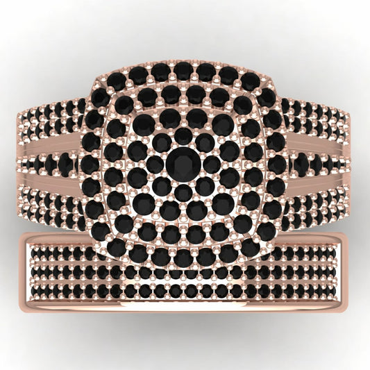 Omoni Cushion Cut Cluster Black Diamond Bride Set in 18K Gold