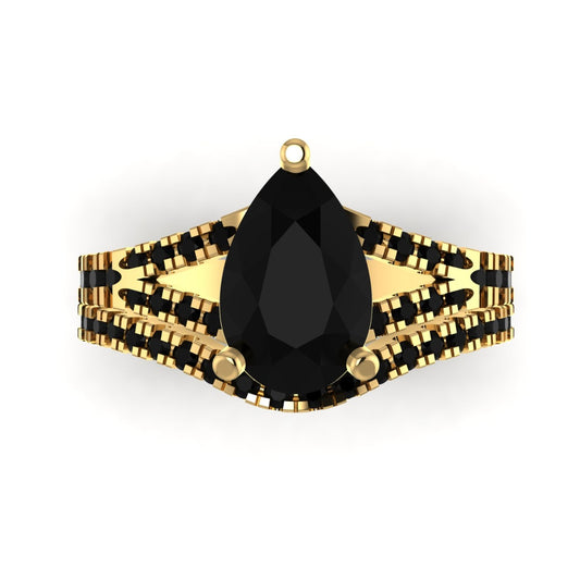 Split Shank Pear Cut Black CZ Bride Set in 18K Gold