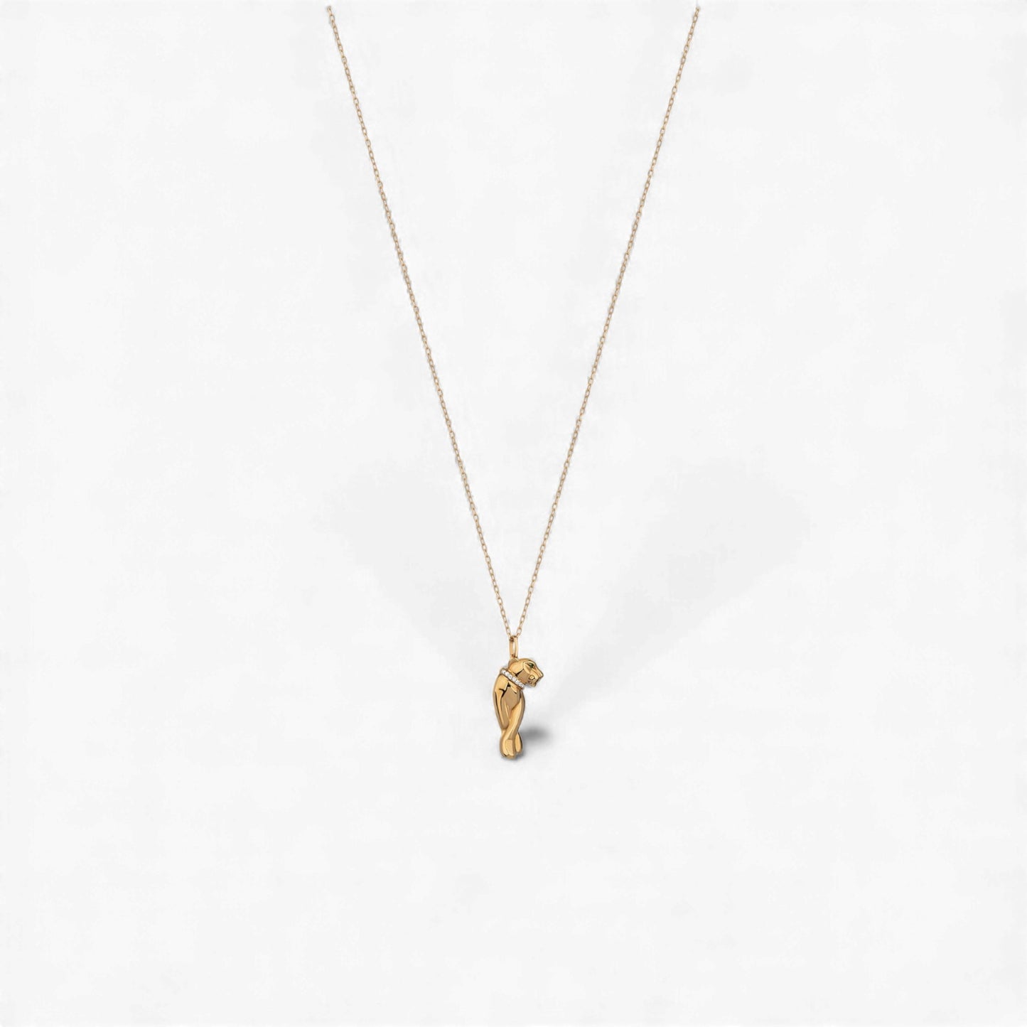 Gold necklace with a small pendant on a white background