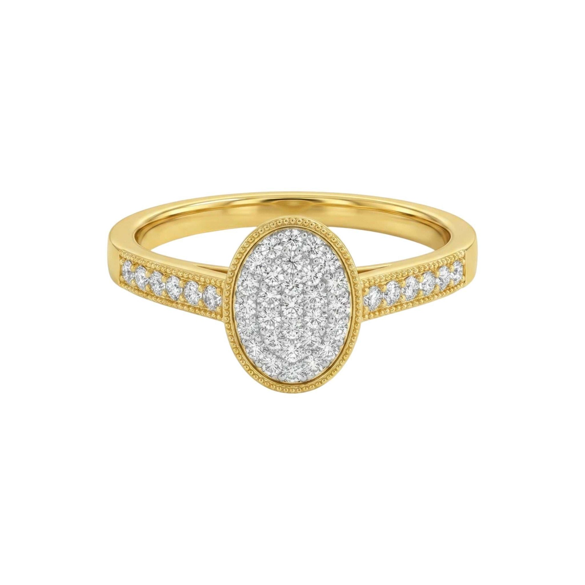 Gold ring with a silver oval center and diamond-studded band on a white background