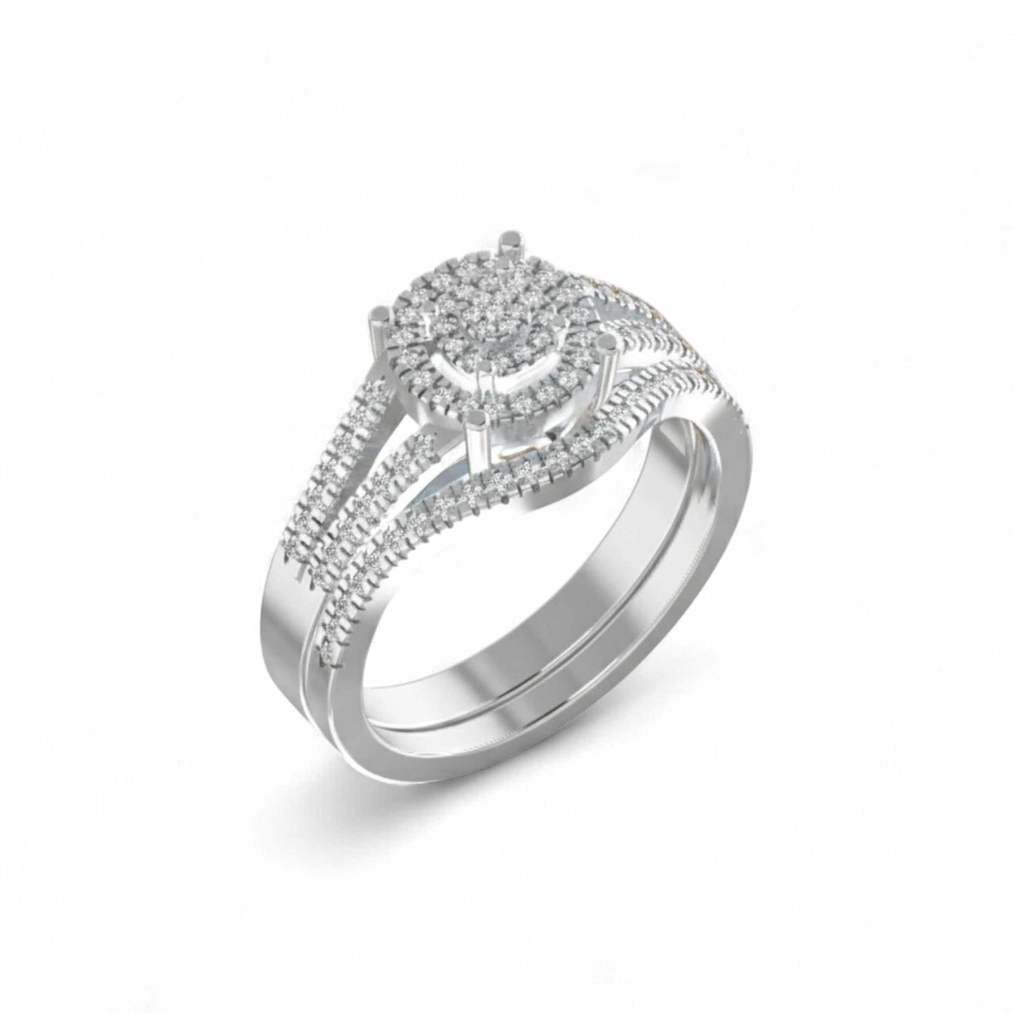 Silver ring with diamond accents on a white background
