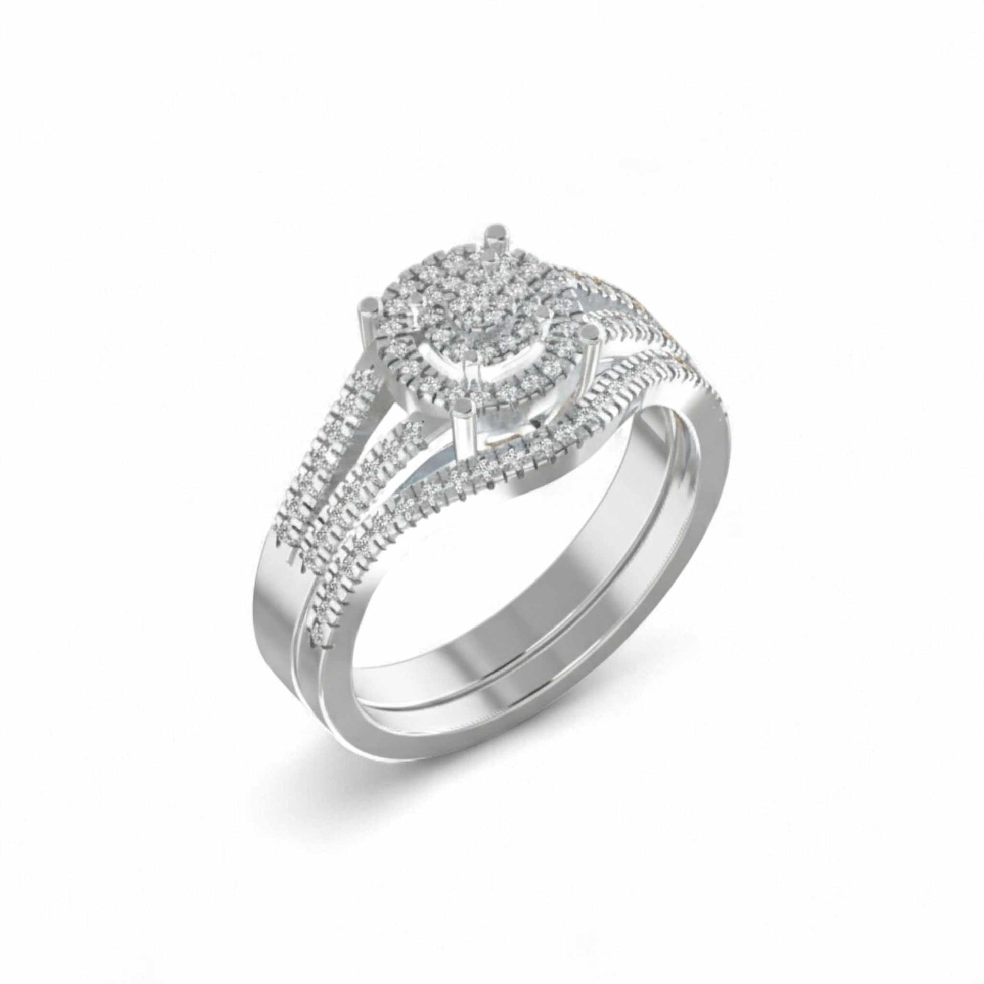 Silver ring with diamond accents on a white background