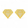 Gold geometric earrings with diamond-like stones on a white background