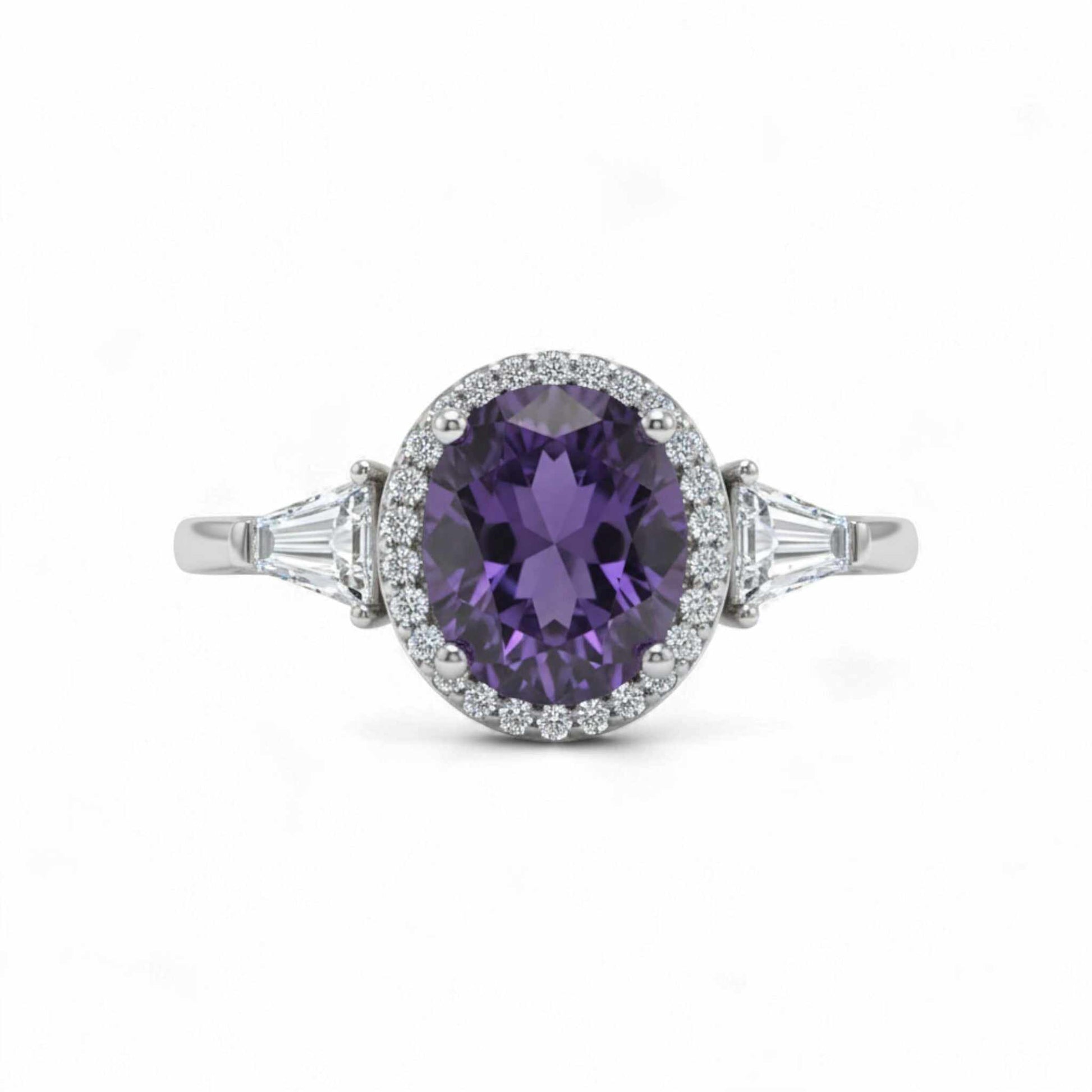 Purple oval cut CZ engagement ring with baguette side stones in 925 sterling silver