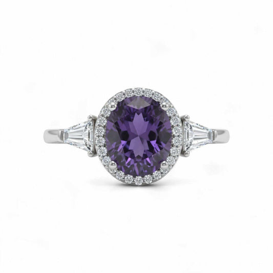 Purple oval cut CZ engagement ring with baguette side stones in 925 sterling silver