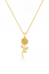 Gold rose-shaped pendant necklace on a white background