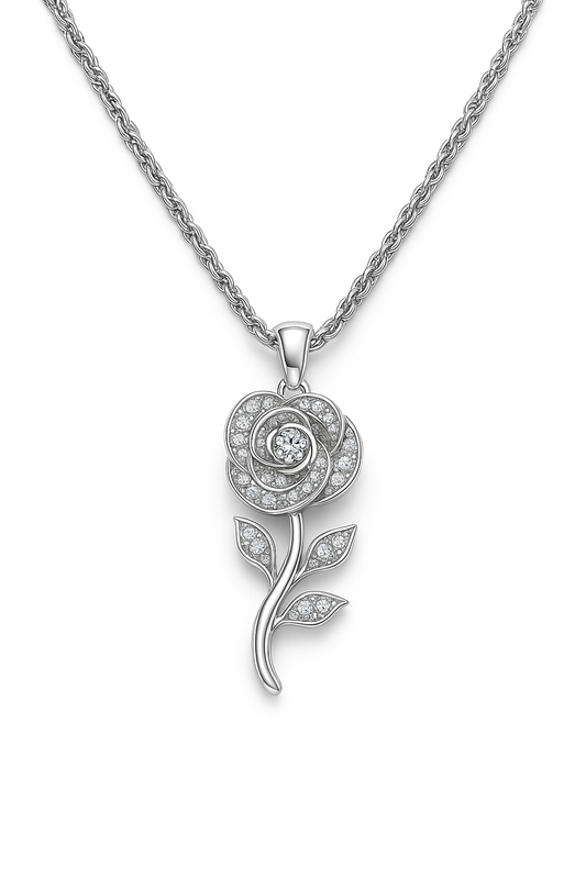Silver flower-shaped pendant necklace on a white background