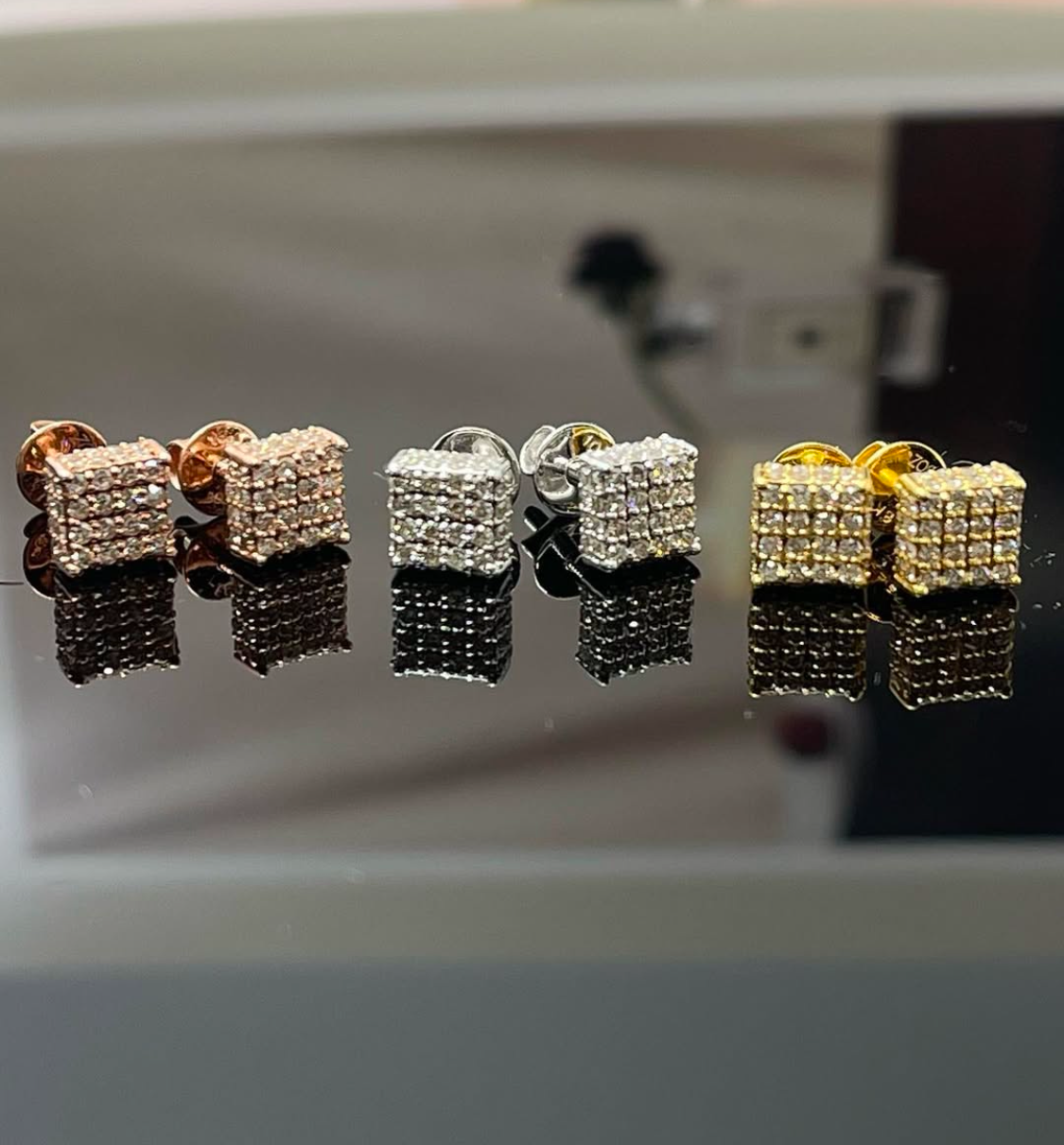 Linear Square Cluster Natural Diamond Stud Earrings