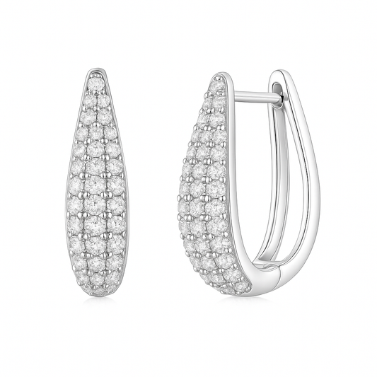Silver hoop earrings with clear gemstones on a white background