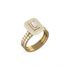 Gold ring with diamond accents on a white background