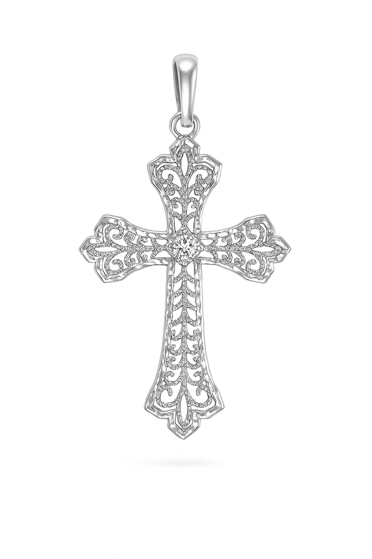 Silver cross pendant on a white background