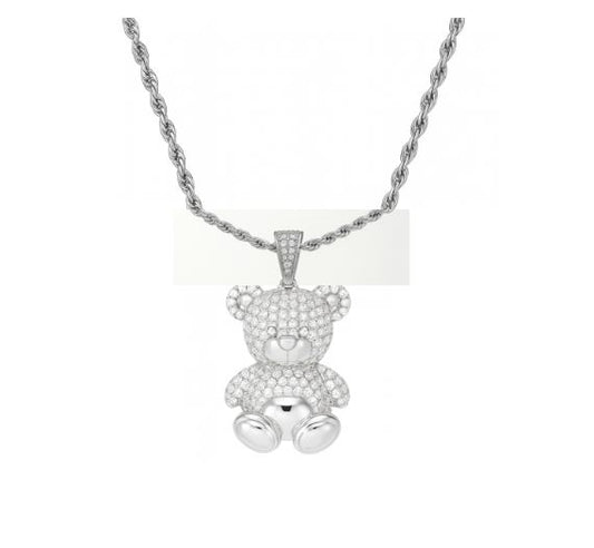 Silver teddy bear pendant on a chain against a white background