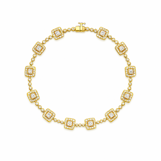 Gold bracelet with diamond accents on a white background