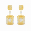 Gold earrings with diamond accents on a white background