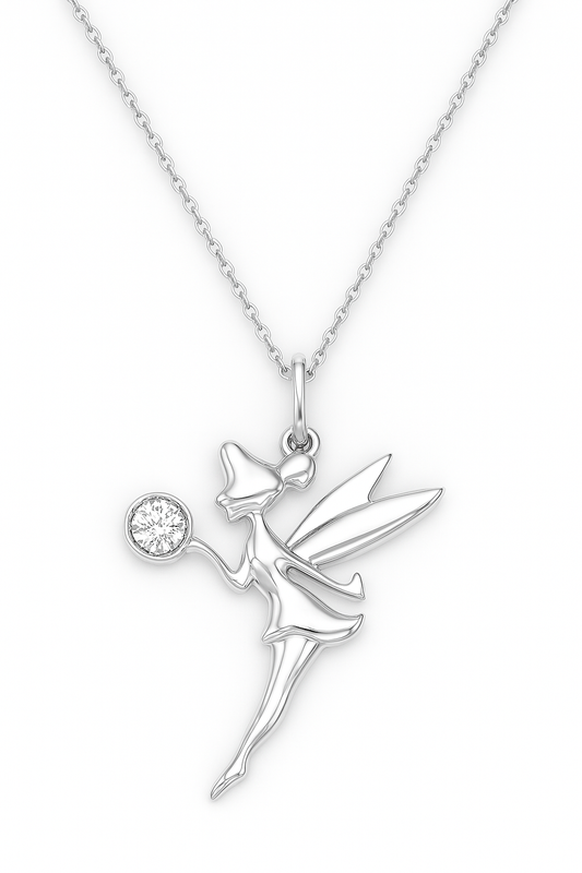 Silver fairy pendant necklace on a white background