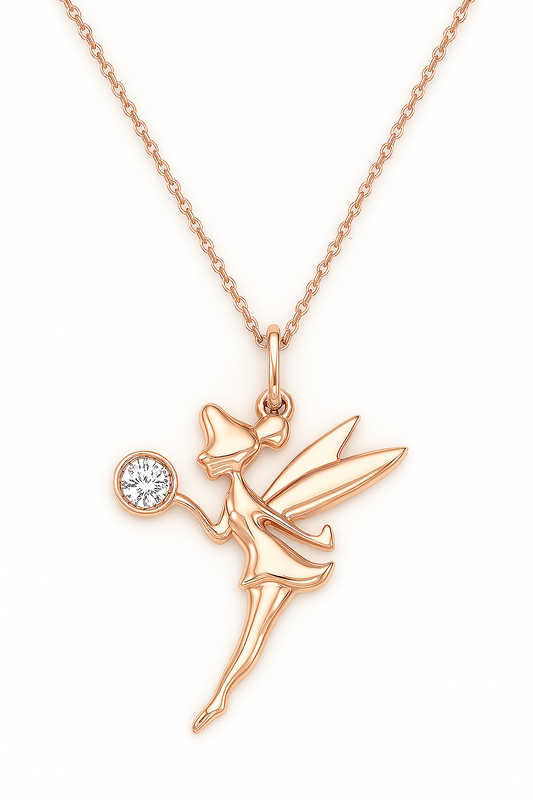 Rose gold fairy pendant necklace with a diamond on a white background