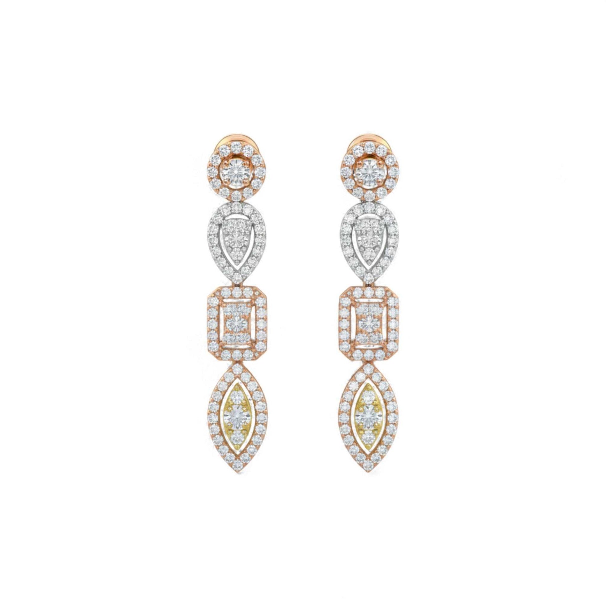 Pair of diamond earrings with rose gold and white gold accents on a white background
