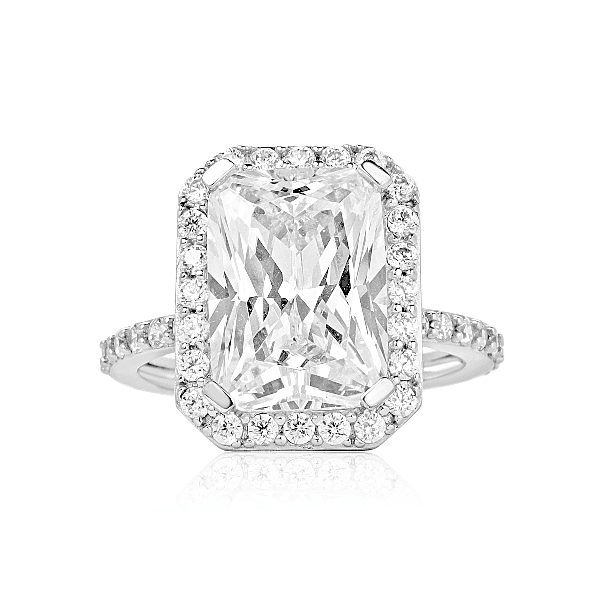 Jamila Radiant Cut CZ Engagement Ring with large radiant-cut cubic zirconia set in 925 sterling silver band with accent CZ stones
