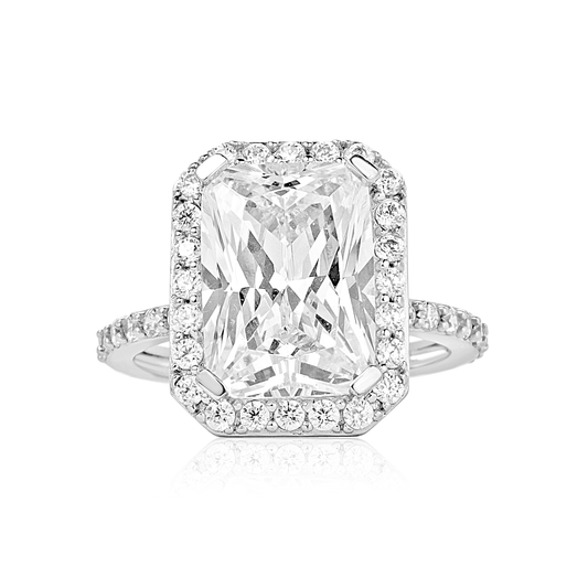 Jamila Radiant Cut CZ Engagement Ring with large radiant-cut cubic zirconia set in 925 sterling silver band with accent CZ stones