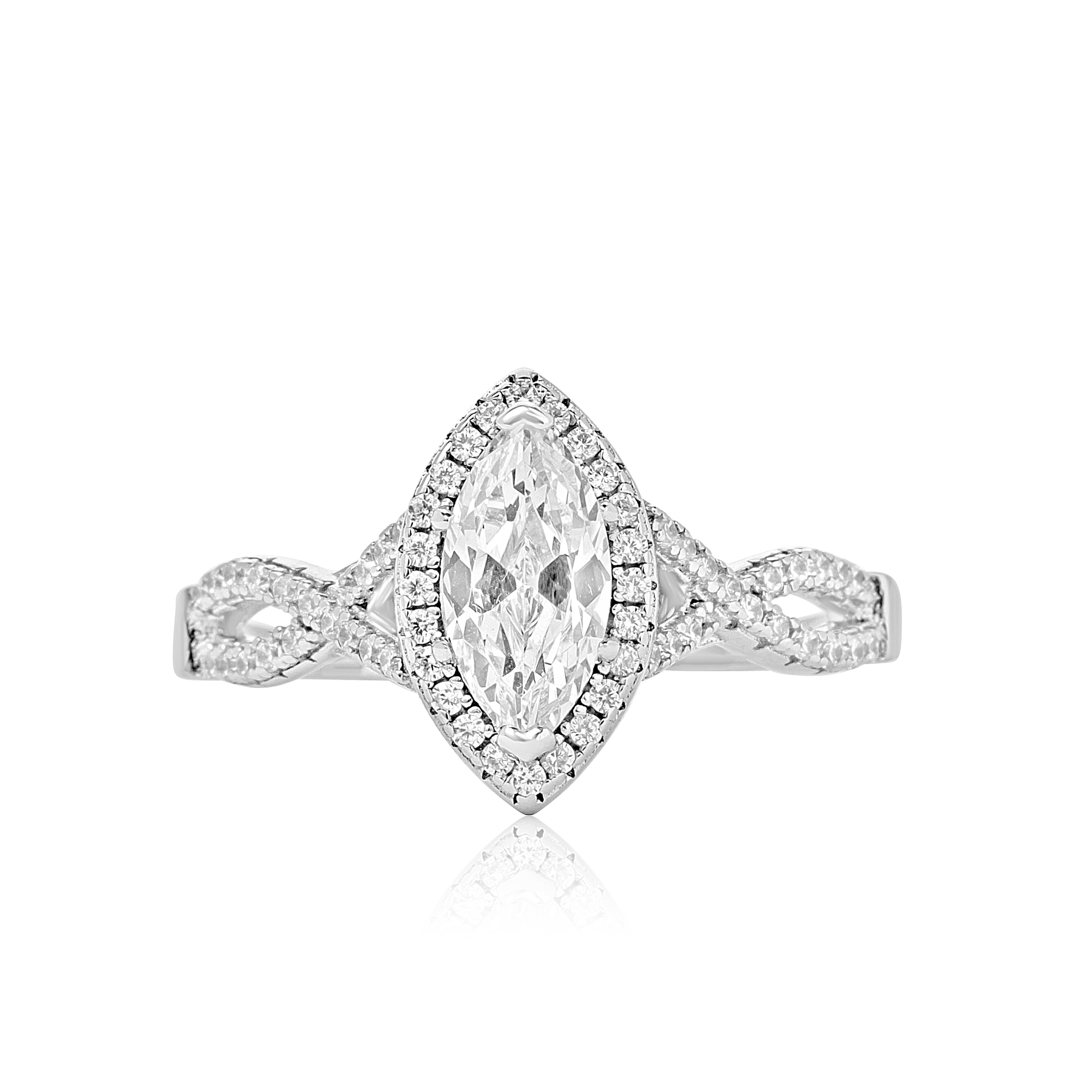 Sade Marquise Cut CZ Engagement Ring in 925 sterling silver with marquise-cut cubic zirconia and intricate band design