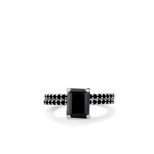 No Halo Black Emerald Cut Bridal Set in 925 Sterling Silver