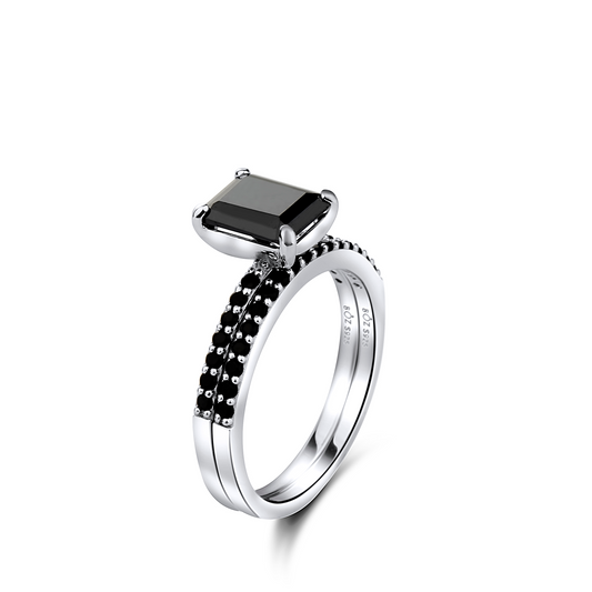 No Halo Black Emerald Cut Bridal Set in 925 Sterling Silver