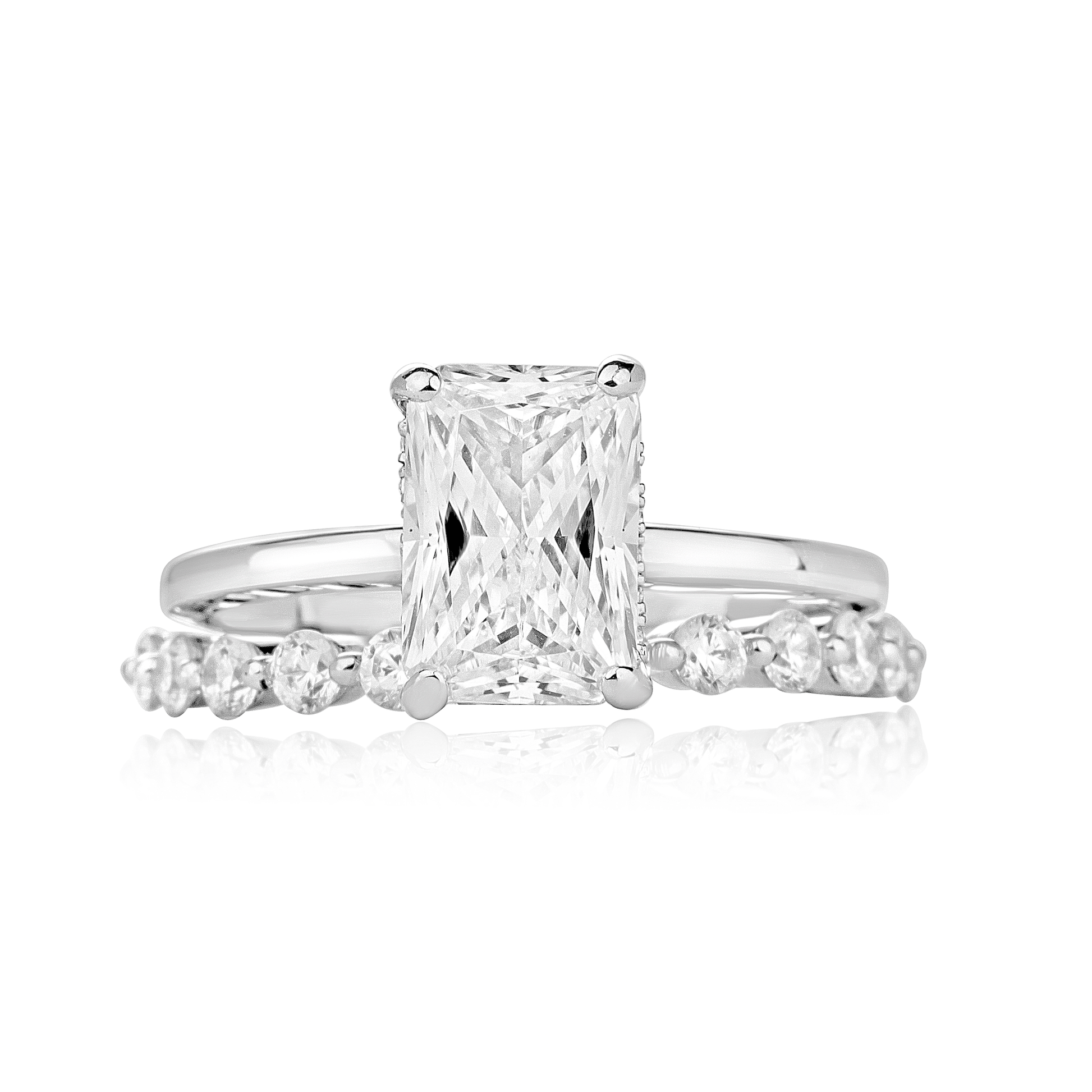 Celine Radiant Cut CZ bridal set with radiant-cut cubic zirconia in 925 sterling silver and accent stones