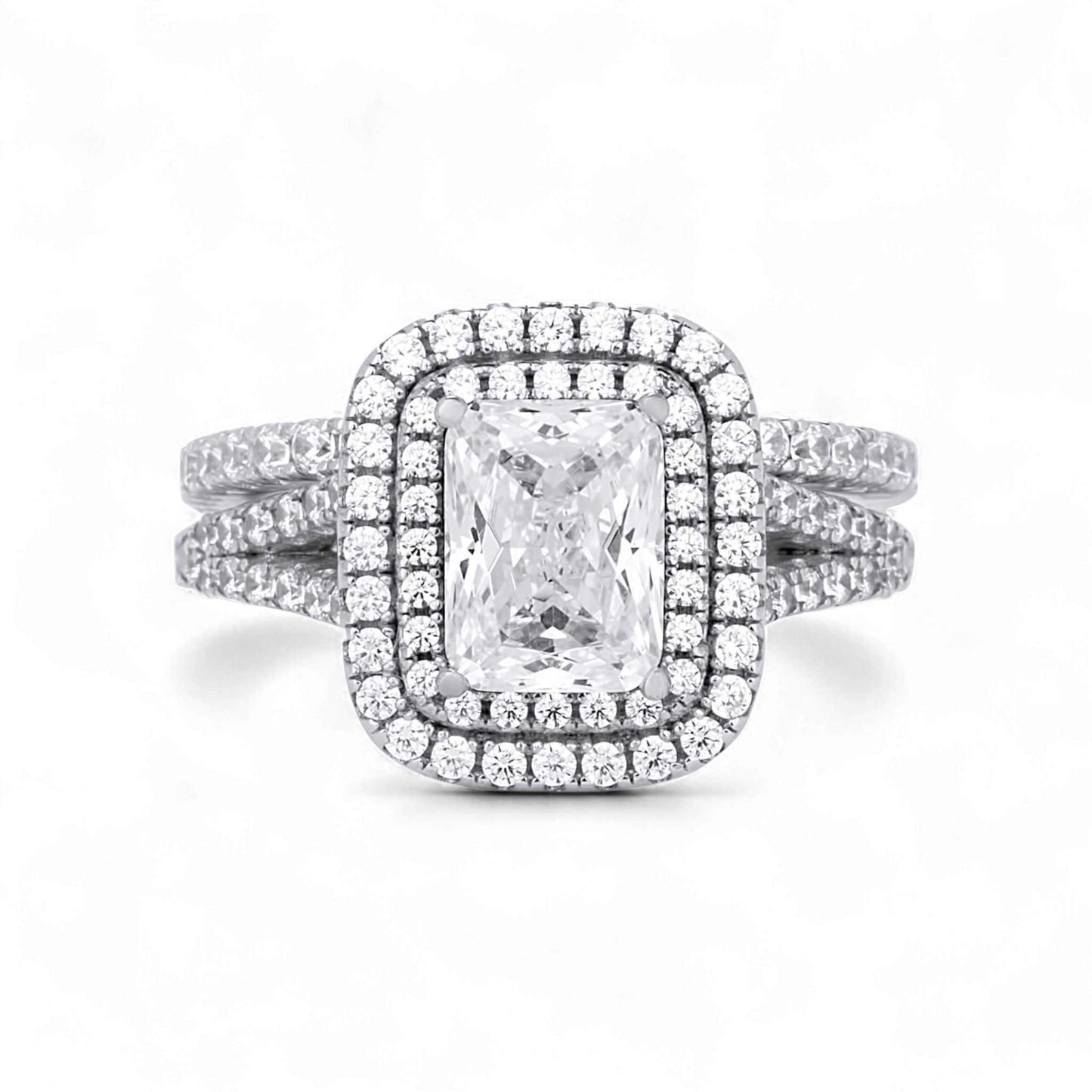 Kylie Radiant Cut CZ bride set sterling silver ring with radiant-cut cubic zirconia centerpiece and halo design
