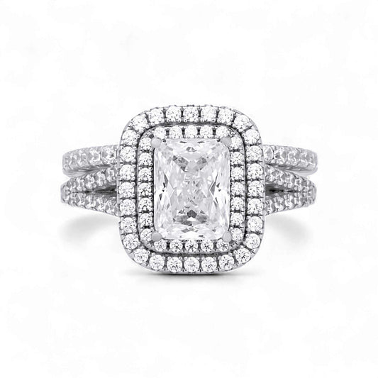 Kylie Radiant Cut CZ bride set sterling silver ring with radiant-cut cubic zirconia centerpiece and halo design