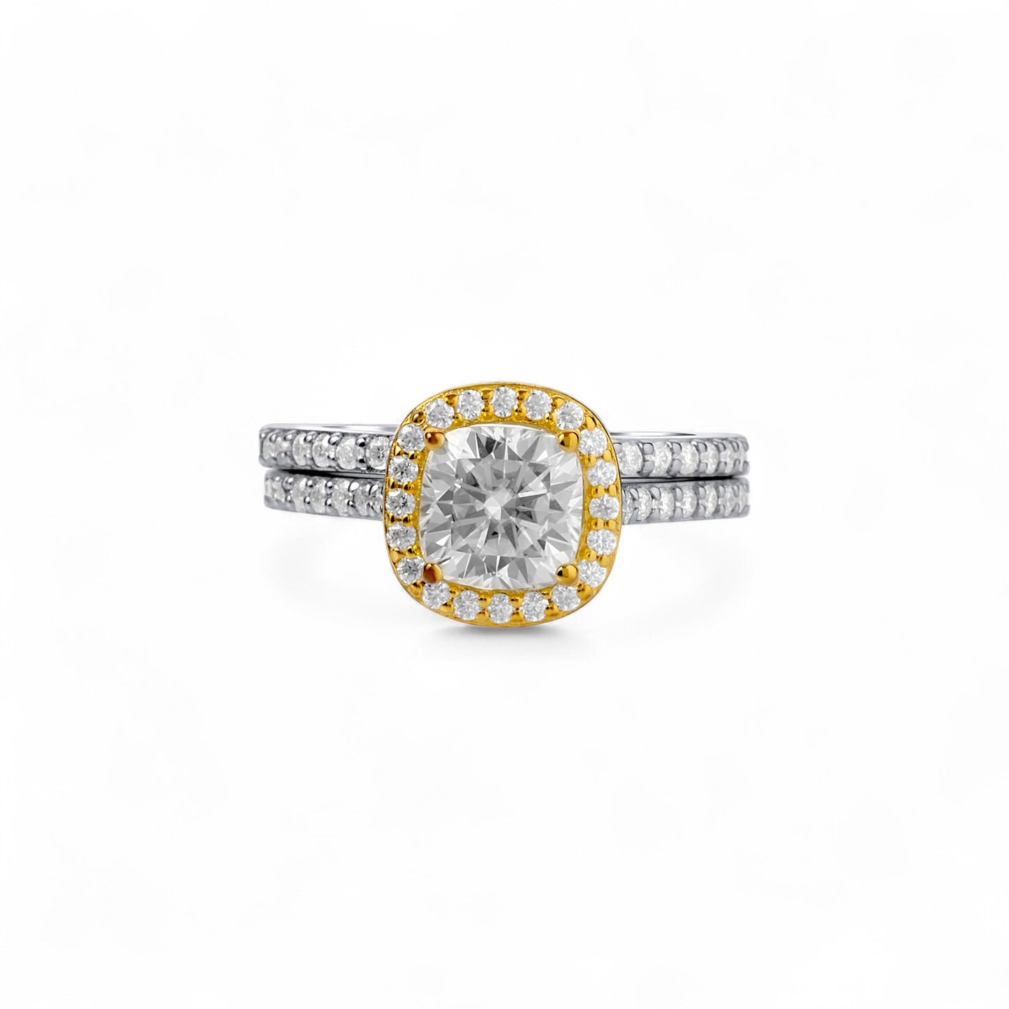 Classic Cushion Cut Two Tone Moissanite Bride Set in 925 Sterling Silver