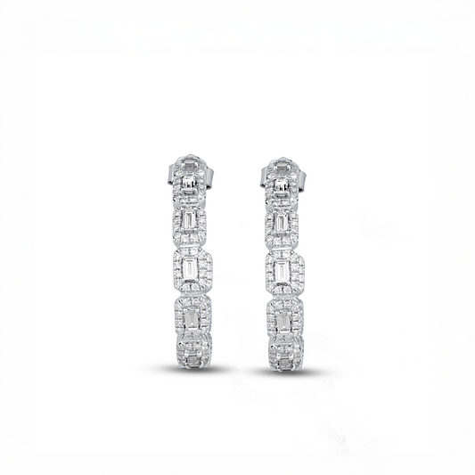 Round and Baguette Diamond Hoops Earring
