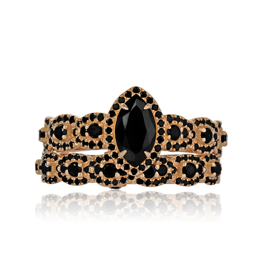 Ruby Marquise Cut Black Diamond Cluster Bride Set in 18K Gold