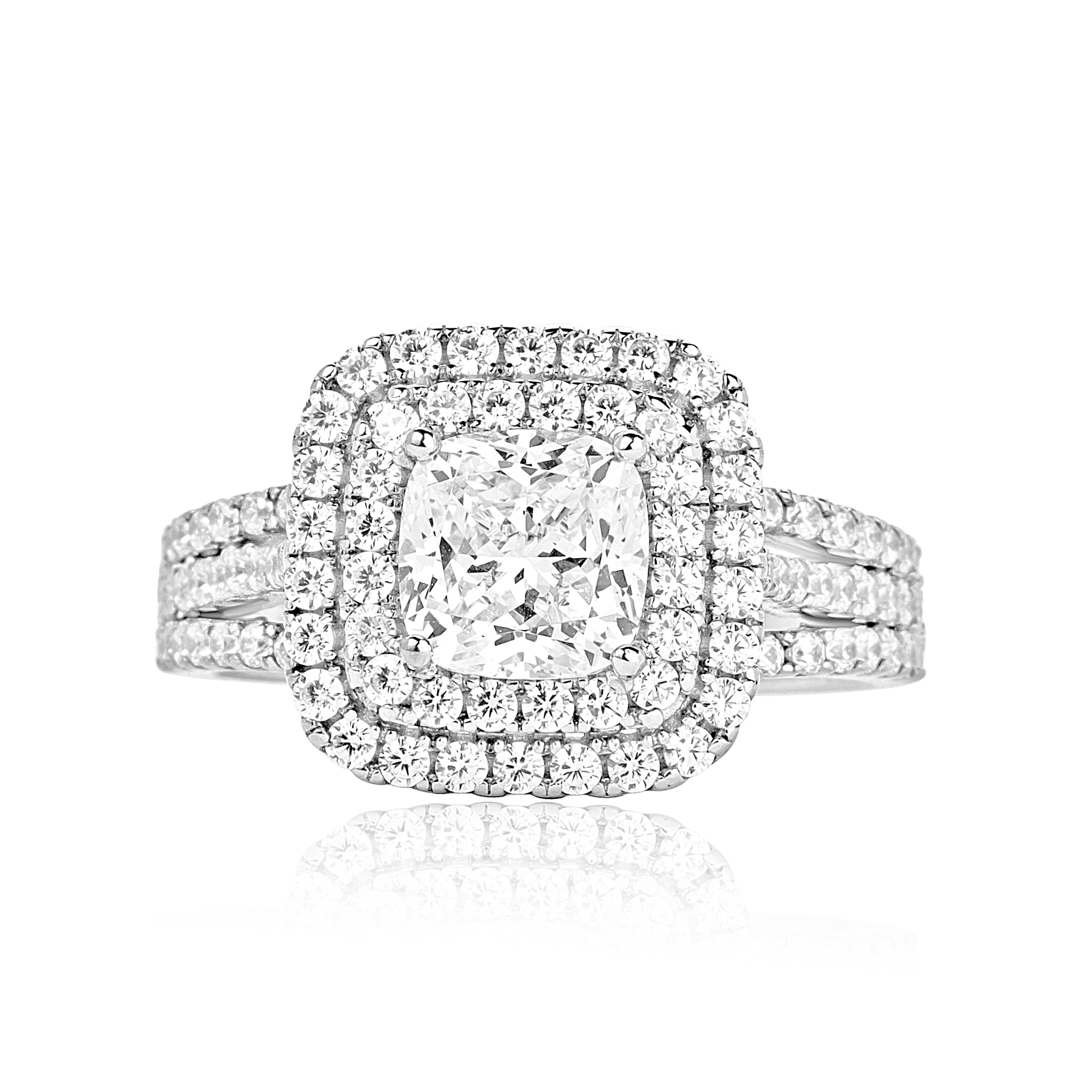 Lovely CZ princess cut sterling silver engagement ring with double halo cubic zirconia gemstones