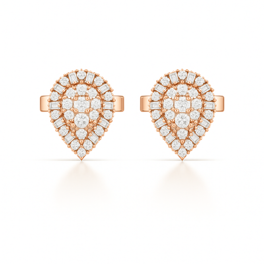 Rose gold teardrop-shaped earrings with clear gemstones on a white background