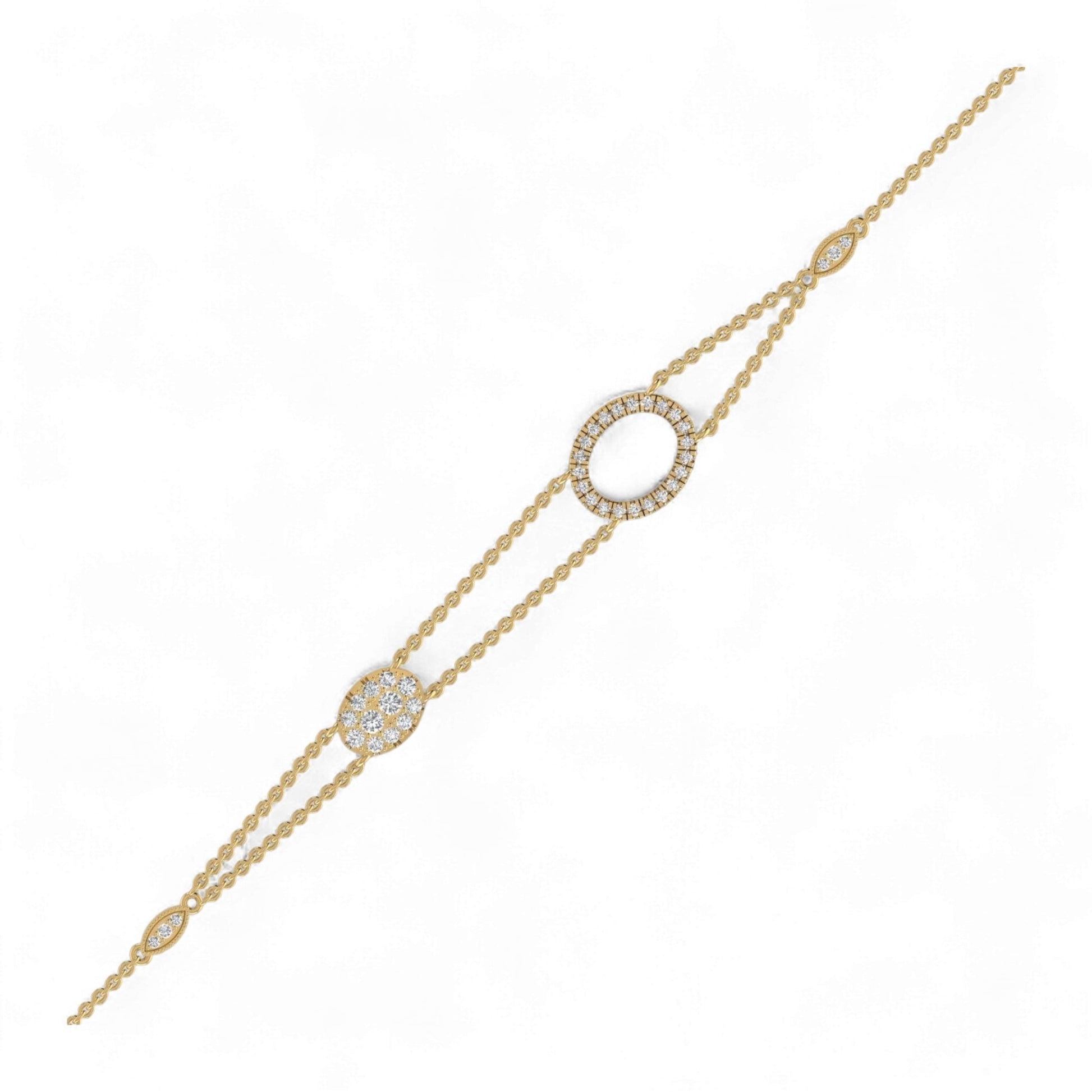 Gold bracelet with circular diamond accents on a white background