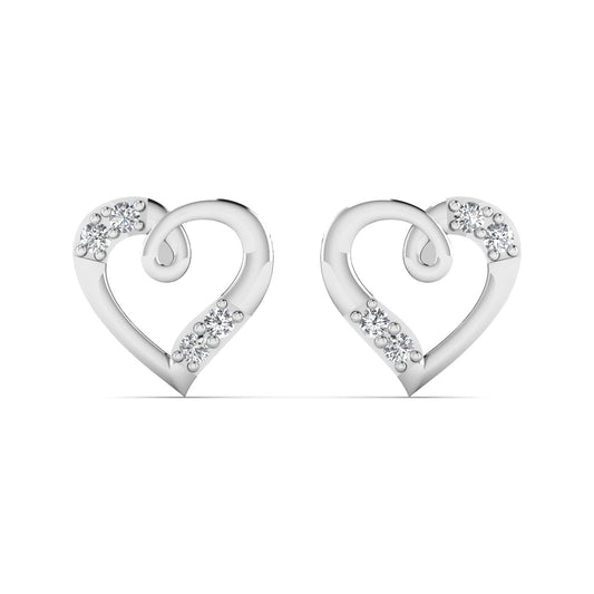Heart-shaped silver earrings with small diamonds on a white background