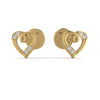 Gold heart-shaped earrings with embedded diamonds on a white background